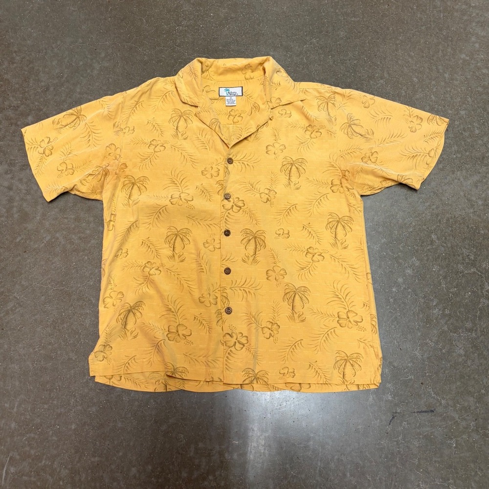 Bahama Breeze Mens Medium Yellow Tropical Palm Hibiscus Rayon Shirt Hawaiian